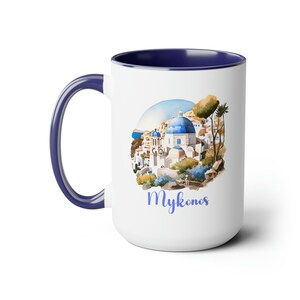Mykonos Two-Tone Coffee Mugs, 15oz Greece Mug Gift Idea For Mom Travel Goal Birthday Gift