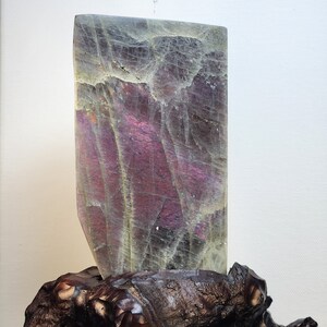 High Flash, 2 Sided Purple Labradorite Freeform on Custom Wood Stand