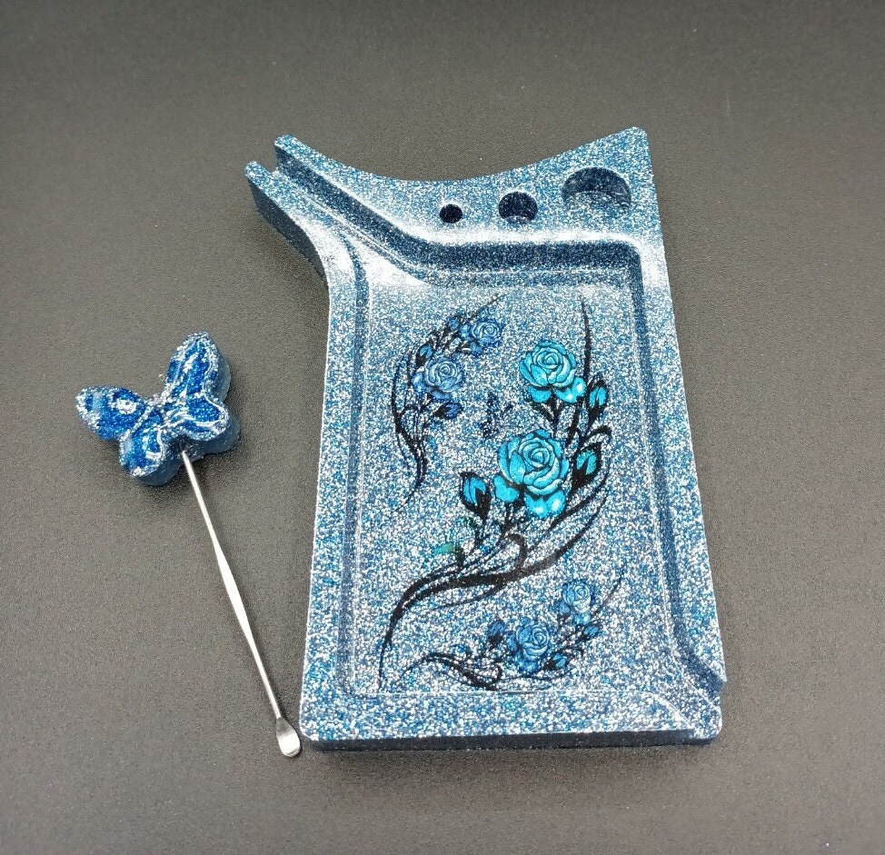 Blue and Silver Glitter Roses Dab & Rolling Mini Butterfly Dab Tool Not