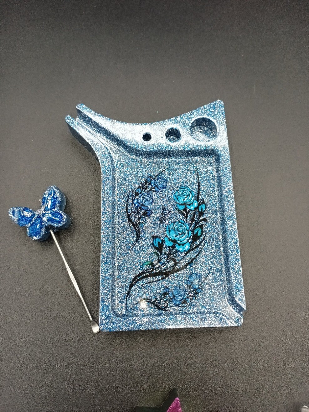 Blue and Silver Glitter Roses Dab & Rolling Mini Butterfly Dab Tool Not