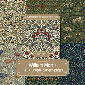 May include: A digital collection of William Morris patterns featuring 140+ unique pattern pages, 300 DPI, and a commercial licence included. The designs display intricate floral, leaf, and bird motifs in rich color palettes of green, red, and cream.