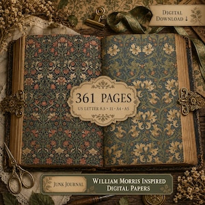 May include: An open book featuring 361 pages of William Morris inspired floral patterns in shades of blue, green, and muted red. The center label reads 361 PAGES US LETTER 8.5 x 11 A4 A5. The bottom banner reads JUNK JOURNAL WILLIAM MORRIS INSPIRED DIGITAL PAPERS.