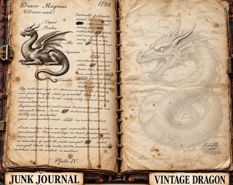 Vintage Dragon Junk Journal Kit, Antika Skisssidor, Medeltida Ephemera (Digital Nedladdning)