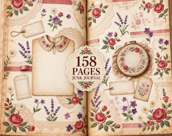 Vintage broderad blommig skräpjournal, 158 sidor, utskrivbar DIY-ephemera, digital nedladdning för bröllopsgästbok