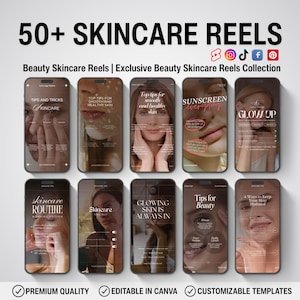 Könnte beinhalten: Ein Werbebild mit einer Sammlung von Skincare-Reels, die auf Smartphones angezeigt werden. Der Text enthält "50+ Skincare Reels", "Beauty Skincare Reels" und verschiedene Hautpflegetipps. Das Bild hebt auch "Premium Quality", "Editable in Canva" und "Customizable Templates" hervor.