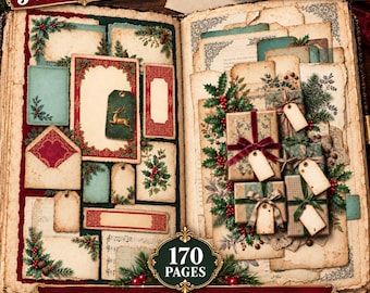 Nyckfullt vintage-juldagbokskit med skräpjournal, 170 utskrivbara sidor, viktorianskt efemera, kräsna klipp, digital nedladdning