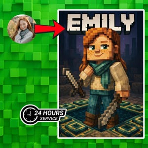 May include: A personalized Minecraft-themed portrait featuring the name "EMILY" in pixelated text. The image includes a pixelated character holding two swords, with a photo of a girl in the upper left corner. The background is a pixelated environment.