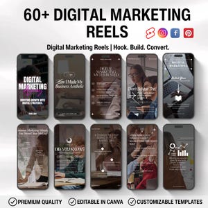 60 modèles de bobines de marketing numérique, bobines vidéo de marketing numérique pour entrepreneurs, kit de contenu pour réseaux sociaux, bobines Instagram pour entraîneurs