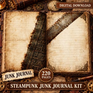 Peut inclure: Un journal de type junk journal ouvert avec du papier ligné vieilli, présentant une bande métallique diagonale avec des rivets et des motifs d'engrenages. Les pages ont un aspect vieilli et taché. Texte : DIGITAL DOWNLOAD, JUNK JOURNAL, 220 PAGES, STEAMPUNK JUNK JOURNAL KIT.