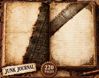 Steampunk skräpjournalkit, 220 utskrivbara vintage-sidor, digitalt papper i mässing med kugghjul