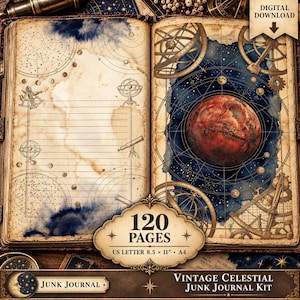May include: An open junk journal kit featuring vintage celestial illustrations. The left page has lined paper with star charts and telescopes. The right page displays a large red planet, armillary spheres, and gears. Text reads 120 PAGES US LETTER 8.5 x 11 INCHES A4.