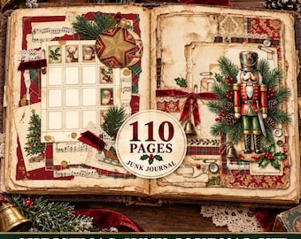 Julskräpjournal, 110 utskrivbara sidor, vintage-ephemera, etiketter, fussy cuts (digital nedladdning)