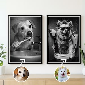 Portrait humoristique chien aux toilettes – Art numérique personnalisé