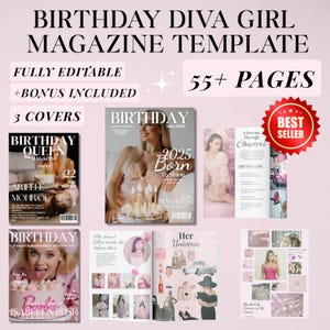 Puede incluir: Una plantilla de revista con el texto "BIRTHDAY DIVA GIRL MAGAZINE TEMPLATE". El diseño incluye portadas de revistas, páginas interiores y el texto "FULLY EDITABLE", "+BONUS INCLUDED" y "55+ PAGES". La plantilla presenta una combinación de colores rosa y blanco.