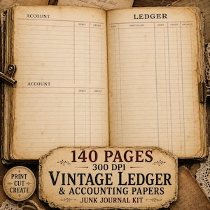 Op de afbeelding: Een open vintage grootboek met verouderd, beige papier met gedrukte kolommen voor boekhouding, gelabeld met Account, Debit, Credit, Date, Particulars en Balance. Een label voorop toont 140 PAGES 300 DPI VINTAGE LEDGER & ACCOUNTING PAPERS JUNK JOURNAL KIT.