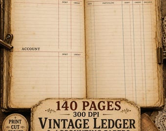 Vintage Ledger Journal Kit | 140 sidors redovisningspapper (digital nedladdning)