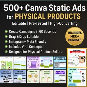 500+ Pre-Tested High-Converting Static Canva Facebook Ad Templates for Canva | MRR | Facebook Ads, Bonuses Included, E-commerce Ads &