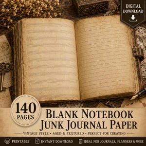 May include: An open notebook with aged, tan-coloured pages featuring horizontal lines on the right and musical staff lines on the left. The text on the image includes DIGITAL DOWNLOAD, 140 PAGES, and BLANK NOTEBOOK JUNK JOURNAL PAPER.