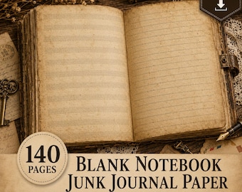 Può includere: Un taccuino aperto con pagine invecchiate color beige, con linee orizzontali a destra e pentagrammi musicali a sinistra. Il testo sull'immagine include DIGITAL DOWNLOAD, 140 PAGES e BLANK NOTEBOOK JUNK JOURNAL PAPER.
