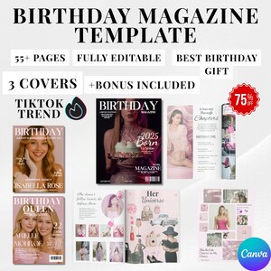 編集可能な誕生日の女の子向け雑誌テンプレート、親友、姉妹、彼女へのカスタマイズ可能な雑誌ギフト | 55ページ + ボーナスの誕生日新聞