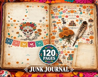 Dia de los Muertos skräpjournalkit: Digitalt papper med sockerskalle, mexikansk folkkonst-ephemera (digital nedladdning)