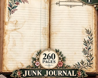 Vintage botanisk tom anteckningsbok, skräpjournalpapper, 260 sidor, US Letter A4, digital nedladdning