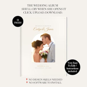 May include: A white wedding album with a photo of a couple kissing. The album cover has the text "THE WEDDING ALBUM SHE'LL CRY WHEN SHE OPENS IT." Additional text includes "Evelyn & James" and "14 PAGES."