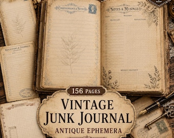 Vintage skräpjournal-kit i PDF-format, 156 utskrivbara sidor, papperspaket med antik ephemera, digitalt papperskit för scrapbooking av gamla brevpapper