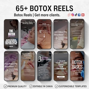 May include: A promotional image for Botox Reels, featuring a collection of smartphone mockups. Each phone displays text and graphics related to Botox treatments, including tips and information. The image includes the text "65+ Botox Reels" and social media icons.