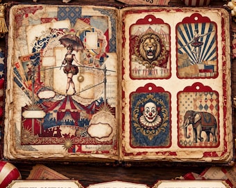 Vintage Circus Junk Journal Kit, 147 utskrivbara sidor, Ephemera, Taggar, Fussy Cuts (digital nedladdning)