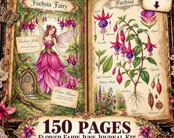 Blomsterfe-skräpjournalkit, 150 vintage botaniska sidor, utskrivbar digital nedladdning