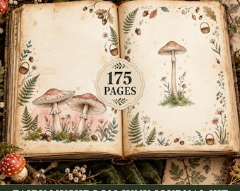 Skräpjournal med fe-svampar, 175 utskrivbara sidor, nyckfull vintage botanisk efemera