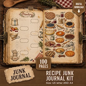Op de afbeelding: Een digitale junk journal kit met een voorraadkast-inventarispagina met illustraties van meel, fruit en een theepot, naast een receptenpagina vol met diverse taartafbeeldingen. De tekst bevat Pantry, 100 Pages en Junk Journal.