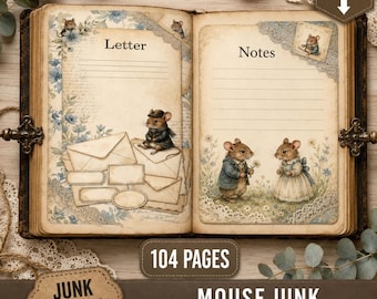 Mus-skräpjournal-kit | 104 utskrivbara sidor med vintage-mössetiketter och fickor | Cottagecore djur-ephemera