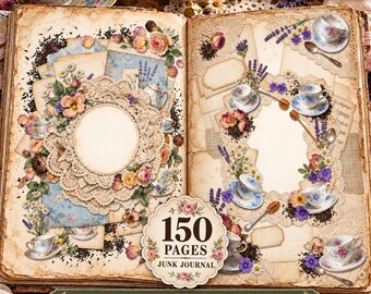 Vintage terumsskräpjournalkit, 150 sidor, digitalt tepapper, utskrivbart vintage-ephemerapaket