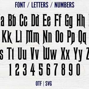 May include: A font alphabet with uppercase letters and numbers in a gothic style. The letters are black and the background is a light wood grain.