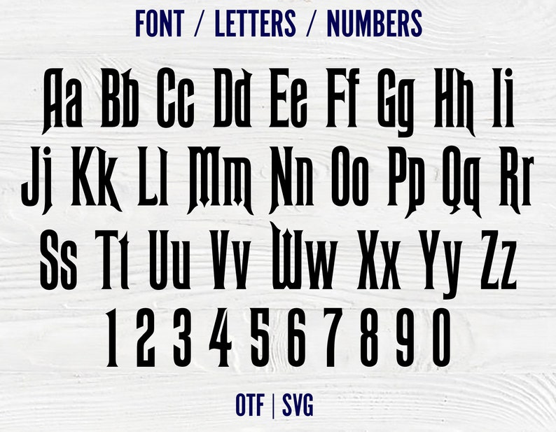 May include: A font alphabet with uppercase letters and numbers in a gothic style. The letters are black and the background is a light wood grain.