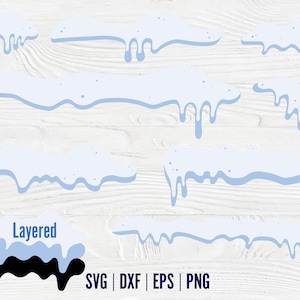 May include: A set of eight blue and white layered snow drip SVG cut files. The files are layered to create a 3D effect. The text "Layered" is included in the image.