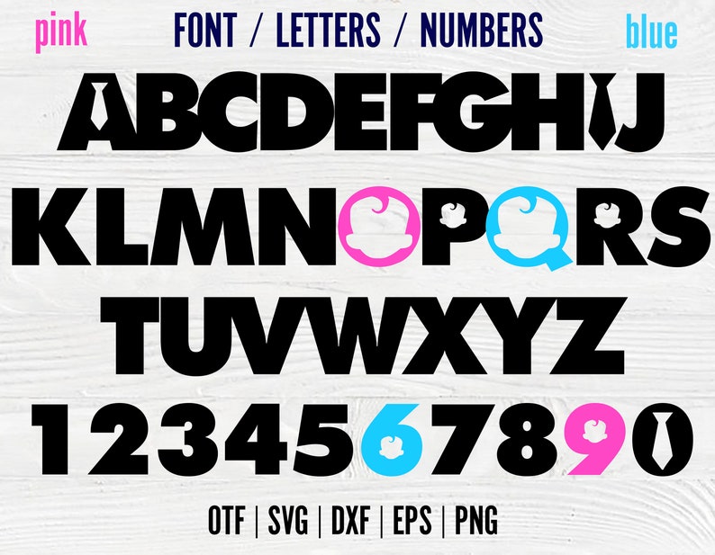 Pode incluir: Fonte preta com acentos rosa e azul. As letras A a Z e os n&uacute;meros de 1 a 0 s&atilde;o exibidos em uma fonte em negrito e em bloco. As letras O e Q t&ecirc;m uma silhueta de beb&ecirc; rosa e azul dentro delas, respectivamente. A letra I tem uma gravata azul dentro dela. O n&uacute;mero 0 tem uma silhueta de beb&ecirc; rosa dentro dele. O texto "FONT/LETTERS/NUMBERS" &eacute; exibido acima das letras e n&uacute;meros. O texto "pink" &eacute; exibido &agrave; esquerda das letras e n&uacute;meros. O texto "blue" &eacute; exibido &agrave; direita das letras e n&uacute;meros. O texto "OTF | SVG | DXF | EPS | PNG" &eacute; exibido abaixo das letras e n&uacute;meros.