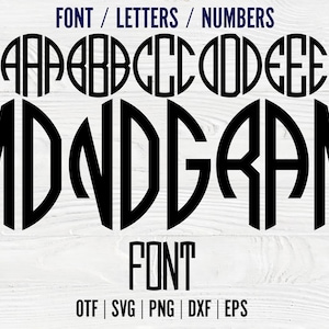 Puede incluir: Diseño de fuente de monograma en blanco y negro con las letras A, B, C, D, E, M, N, G, R y A. El texto "FONT/LETTERS/NUMBERS" y "FONT" también están incluidos en la imagen. El texto "OTF | SVG | PNG | DXF | EPS" está en la parte inferior de la imagen.
