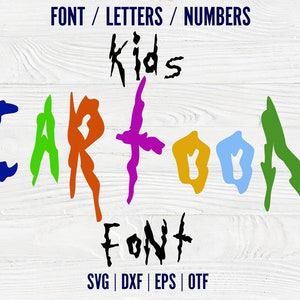May include: A colorful cartoon font design with the word "CARTOON" in a dripping style. The letters are in different colors, including blue, green, orange, yellow, and purple. The word "Kids" is above the word "CARTOON" in black. The word "FONT" is below the word "CARTOON" in black. The text "SVG | DXF | EPS | OTF" is below the word "FONT".