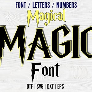 Puede incluir: Un diseño de fuente negro y amarillo con las palabras "Magical" y "MAGIC" en un estilo gótico en negrita. El texto "Font" está debajo de la palabra "MAGIC" en una fuente más pequeña. El texto "OTF | SVG | DXF | EPS" está en la parte inferior de la imagen.