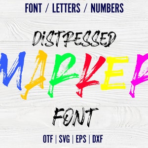 May include: Distressed Marker Font, a colorful font with a brush stroke effect. The font is displayed in a variety of colors, including blue, yellow, green, red, and pink. The text "DISTRESSED MARKER FONT" is displayed in black. The text "OTF | SVG | EPS | DXF" is displayed in blue.