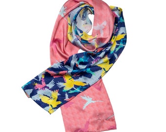 Elegante satijnzijden sjaal met vogelmotieven Handgerold, donkerblauw en rosé