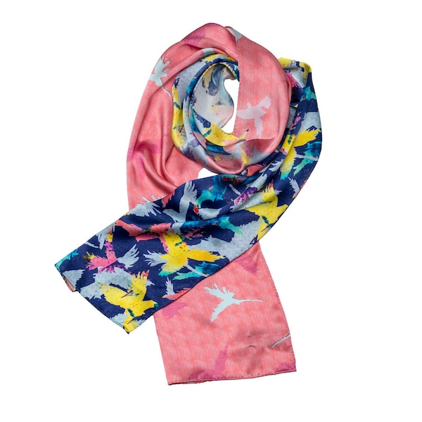 Elegant satin silk scarf with bird motifs | Hand rolled, dark blue & rose