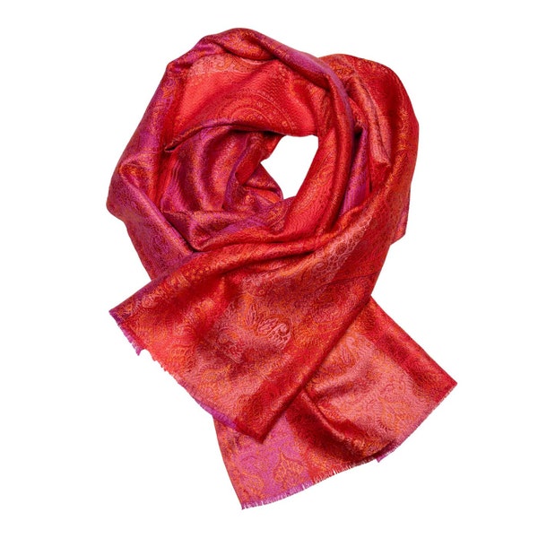 Luxury silk scarf in red, coral & rose, 100% silk with short fringes