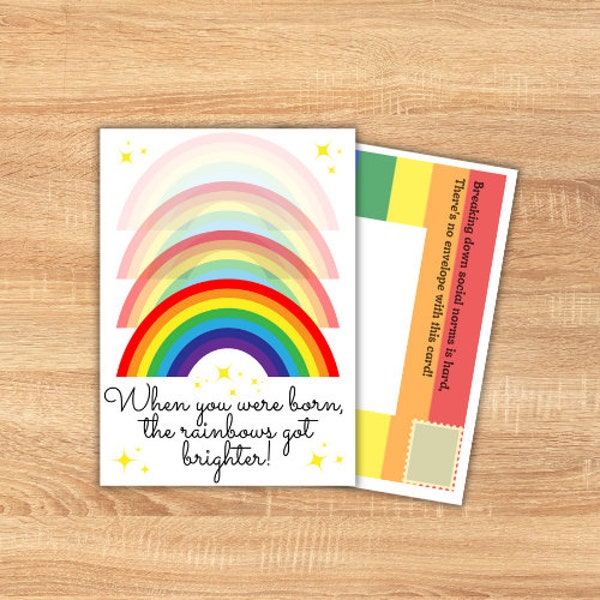 LGBT Inclusive Birthday Card with Rainbow Pride Posting Pages with eco-friendly design as no need for a separate envelope so no paper waste.