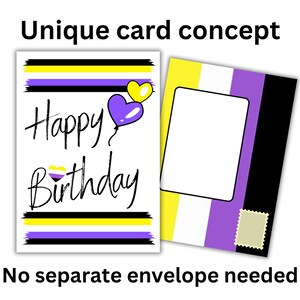 May include: A card with a yellow, purple and black striped design. The card says "Happy Birthday" with a purple heart and a yellow heart with a purple, yellow and black stripe. The card has a blank space for a message and a separate envelope is not needed.