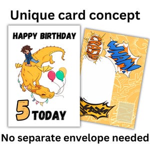 Kids 5th Birthday Card: Self-Sealing Dragon Superhero Design