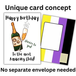 May include: A white card with a champagne bottle and glass illustration. The text reads "Happy Birthday", "Cheers to you!" and "To the most Amazing Child!" The card is folded in half and has a yellow, white, purple, and black envelope attached.